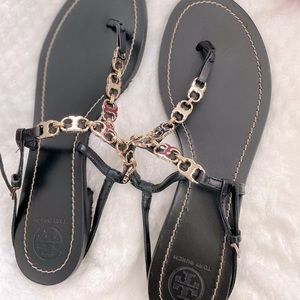 Tory Burch Gemini Black Gold Chain Link Sandal